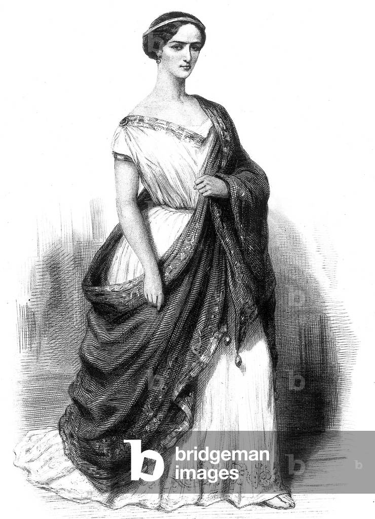 French actress Rachel (1821-1858) playing Hermione in play Andromaque by Racine in 1839, engraving