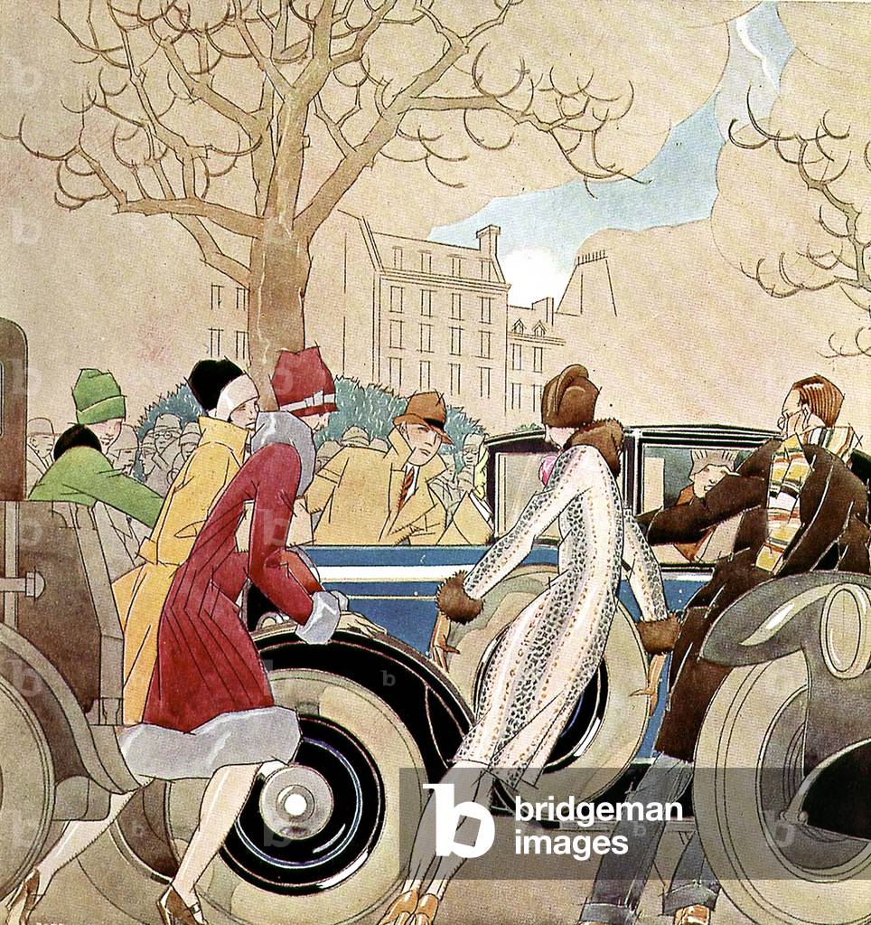 group of men and woman pushing a car in Paris 1928, drawing