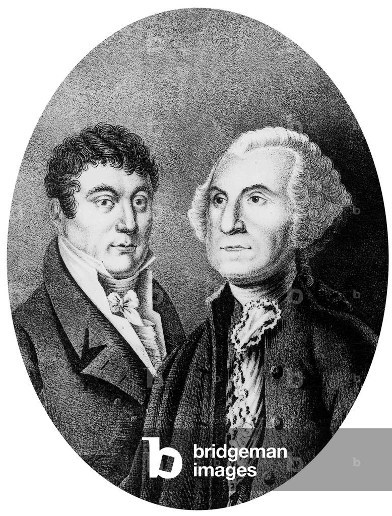 French general Lafayette and George Washington at the time of War of Independence in America around 1777-1883, engraving