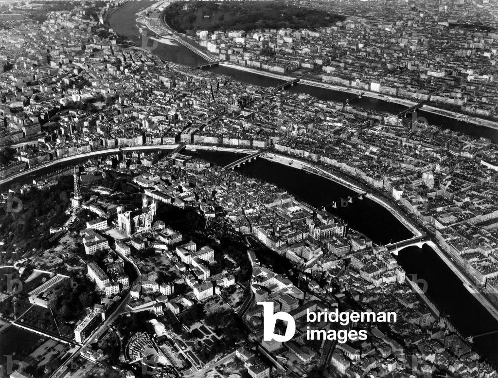 View of Lyon, France, 1972 : the Saone river and the Rhone rive (top)