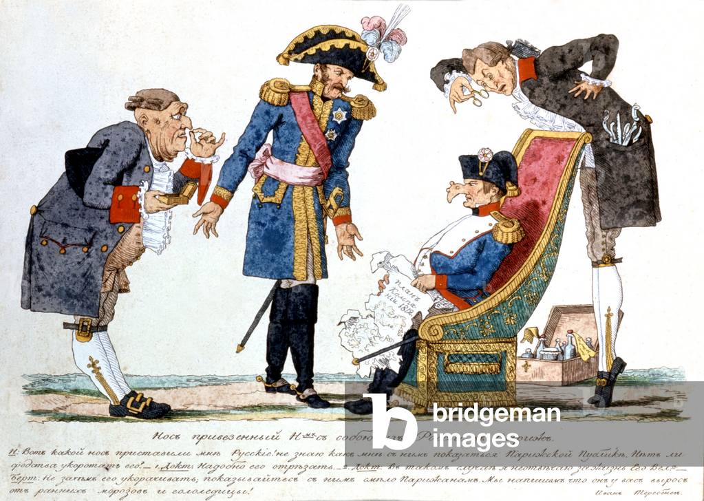 Russian cartoon about the nose of French emperor Napoleon 1st, engraving in 1812 at the time of the campaign of Russia
