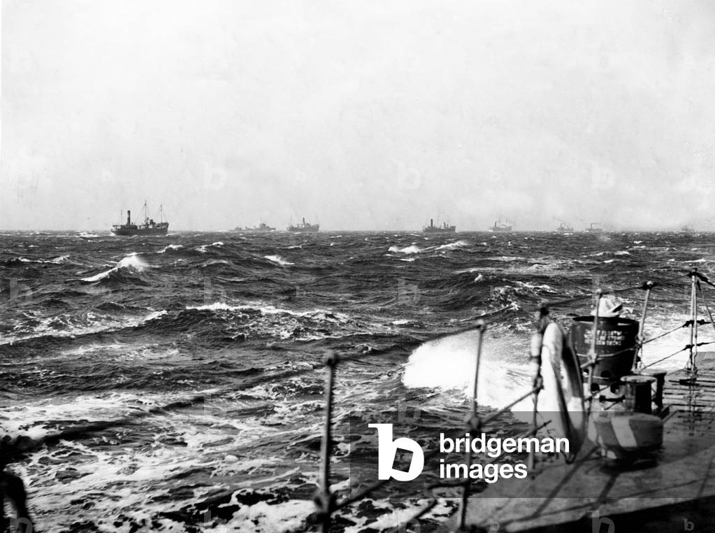 View from british Destroyer of the boats loaded with equipment and fresh supplies for the british islands, on their departure from the East coast of USA c.1942-1943, at the time of the Battle of the Atlantic