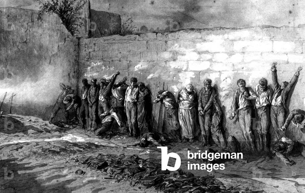 Communards massacred in Pere Lachaise cemetary in Paris during Commune civil war on may 28, 1871, engraving