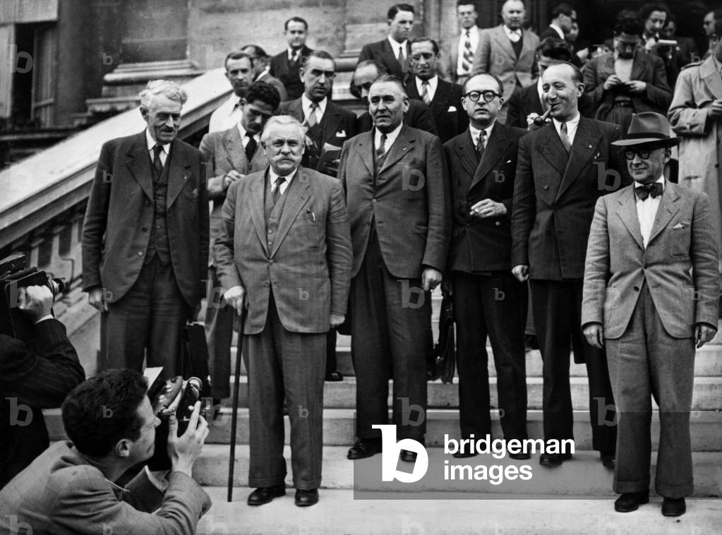 June 21, 1946, GeorgesBidault received members of CGT (French trade union) : l-r : Pierre Neumayer, Gaston Monmousseau, Julien Racamond Mr Georges Delamarre and Pierre Le Brun
