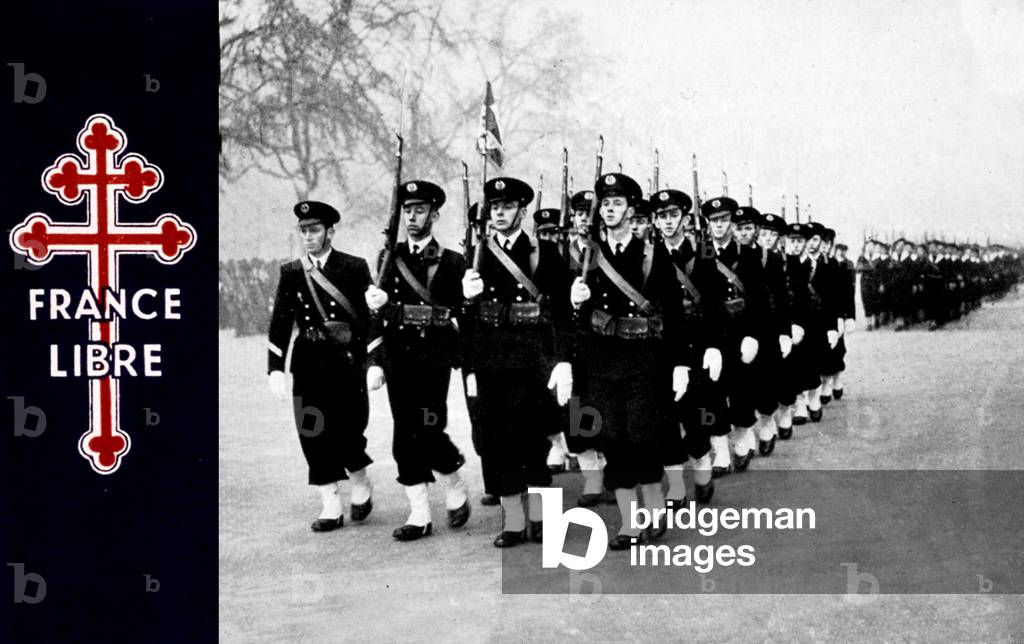poster of the Free France : on l is cross of Lorraine, on r : French infantrymen, 2nd world war