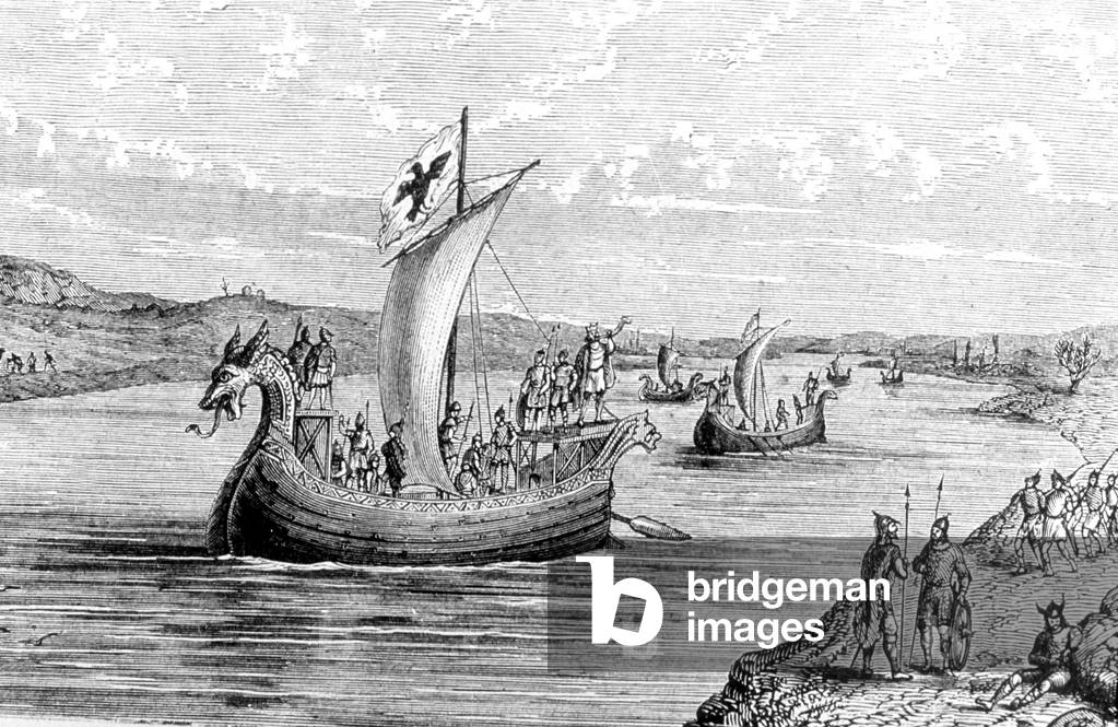 Norsemen boat on river, 9th century, engraving