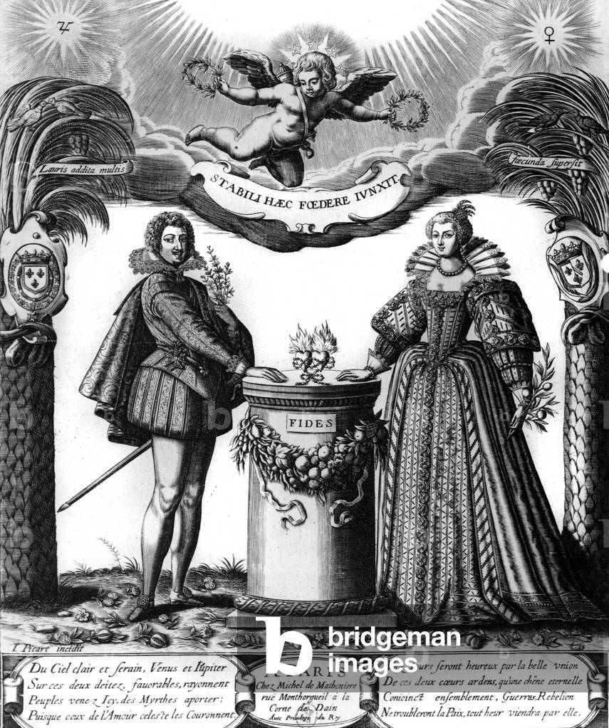 Wedding of Gaston d'Orleans (1608-1660) or Gaston de France, brother of Louis XIII with his 1st wife Marie de Bourbon, duchess of Montpensier in 1626, engraving