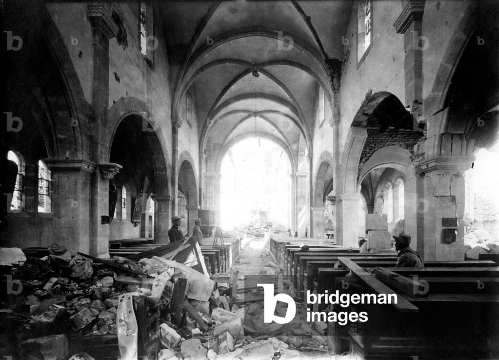 Interior View of the church in The Meuse after german bombardment on 20 and 21st february, 1916, in Forges-sur-Meuse (near Verdun) during the first war world (1914-1918)