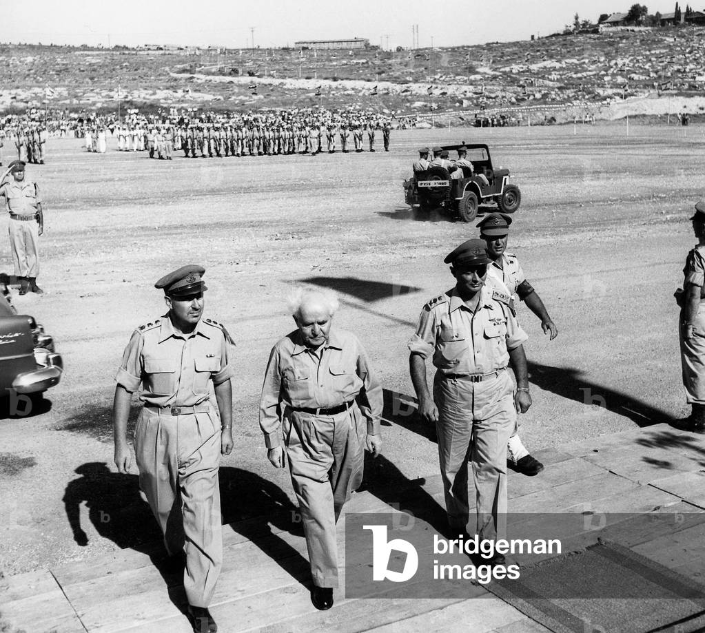 David Ben Gourion prime minister of Israel with (r) Moshe Dayan officer of israeli army and colonel Herzog in 1955 preparing the Suez war