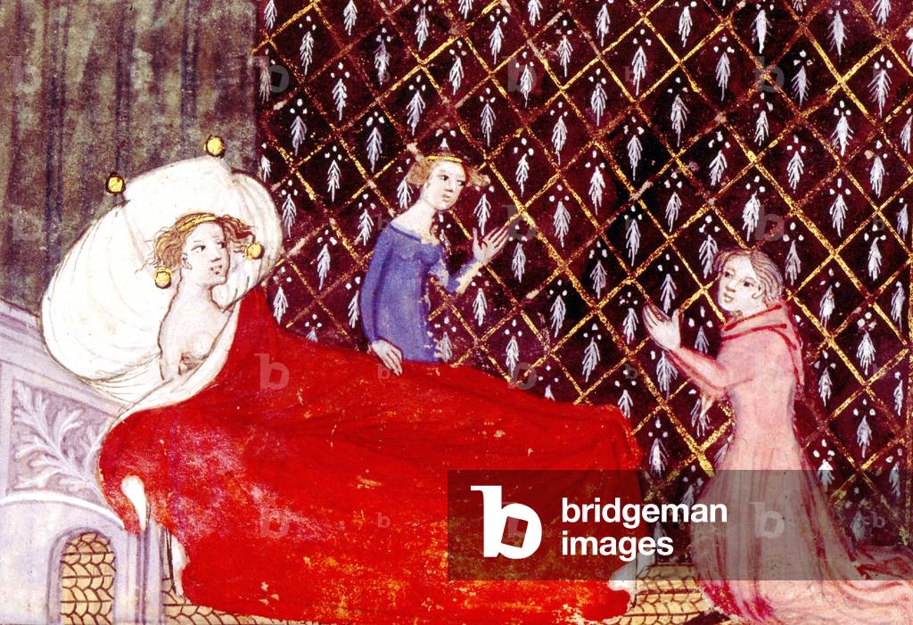 French poet Guillaume de Machaut and his wife is an illumination extracting from a French manuscript Le Livre du voir dit written by Guillaume de Machaut during the 14th century