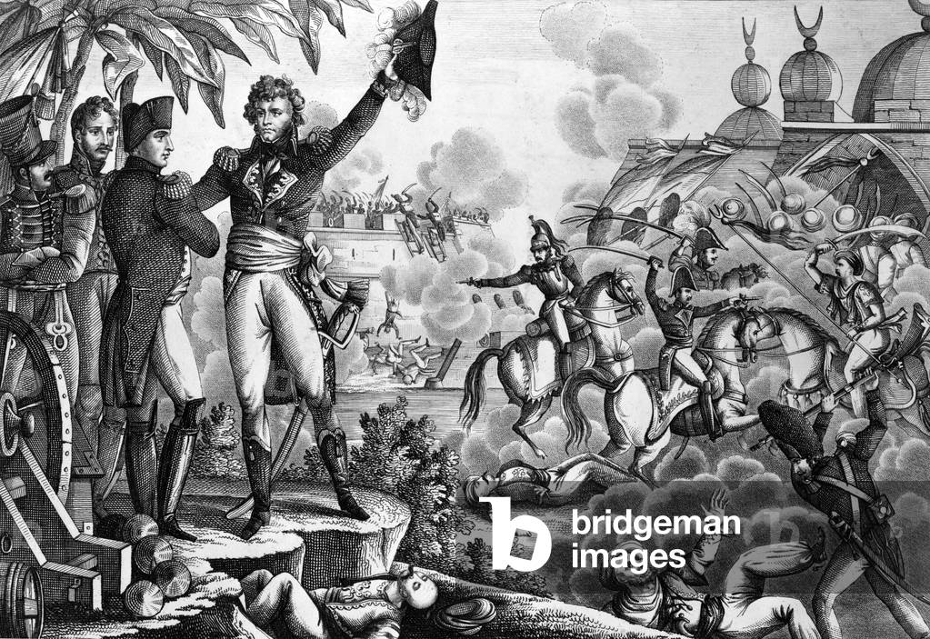 Egyptian campaign : after 2nd battle of Aboukir on july 25, 1799, general Kleber says to Napoleon Bonaparte is a great man, engraving
