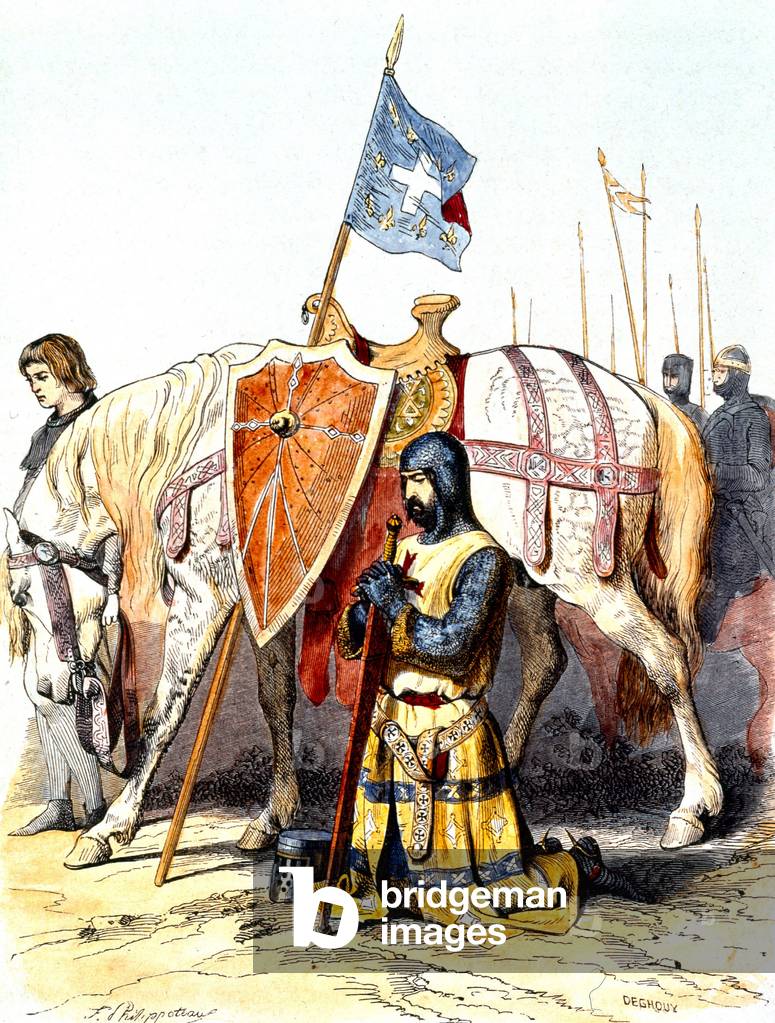 Knight Banneret during the second crusade inthe 13th century is an illustration by Felix Philippoteaux and Deghouy during the 19th century