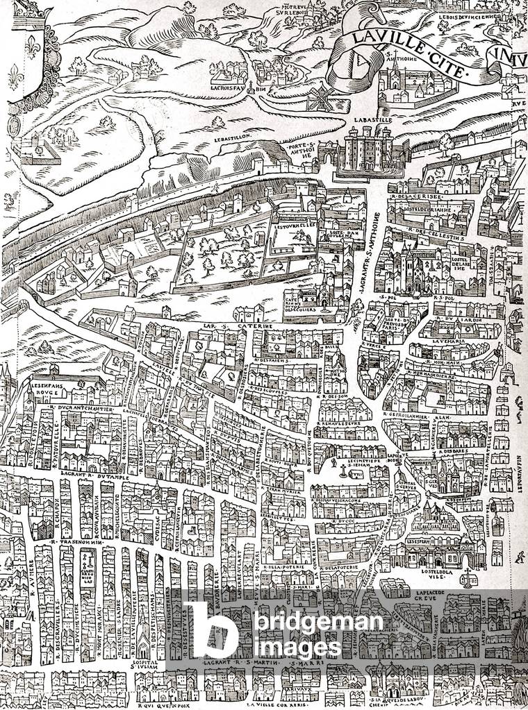 map of Paris in 1551 : on the upper right is the Bastille, in the bottom right is the town hall, engraving by Truchet