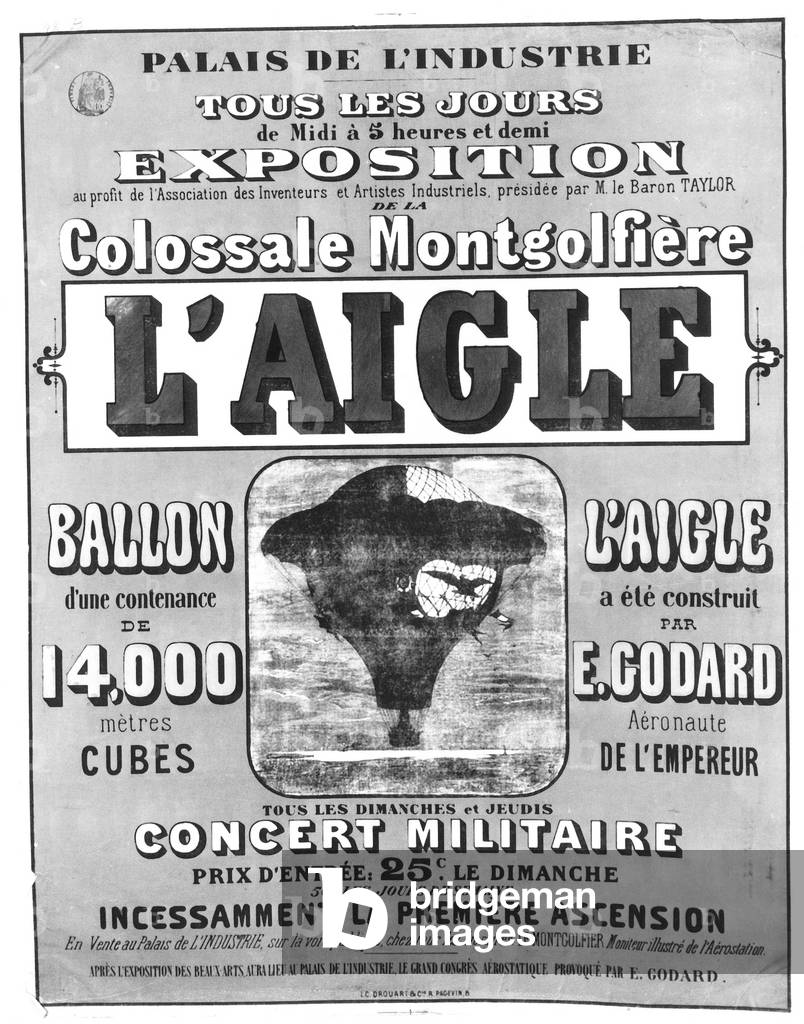 advertising poster  for the exhibition of Eugene Godard's hot air balloon in Paris (which made several ascents between 1864 and 1866)