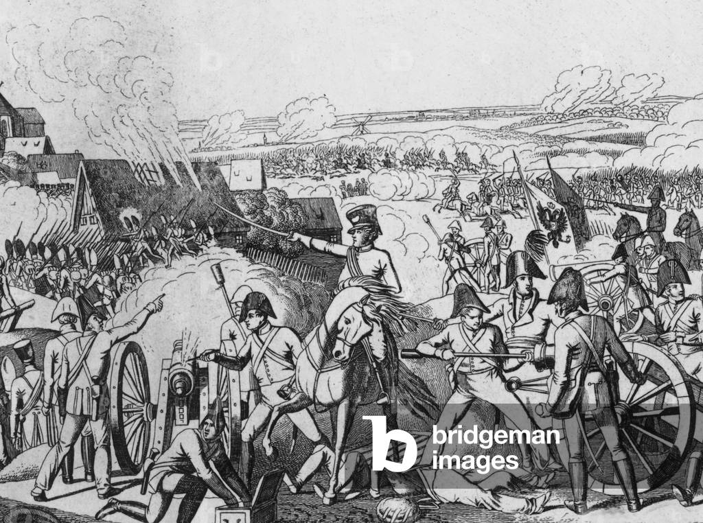 First day of the battle of Leipzig october 16, 1813 : german campaign of emperor Napoleon1st defeated by Prussia, Austria, Russia, Sweden, engraving