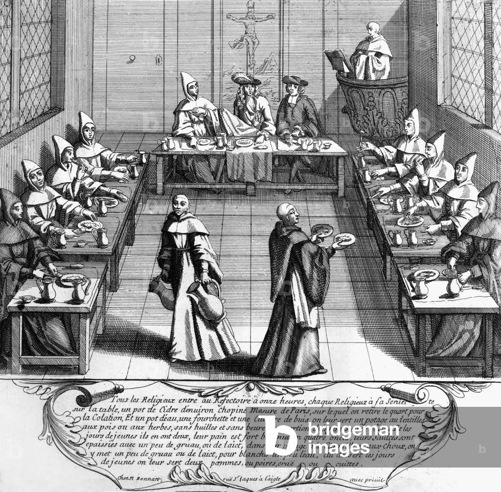 abbey of Our Lady of the Trappe (France) : the refectory where are the trappists (Cistercians) monks for meal with a visitor, engraving, 17th century