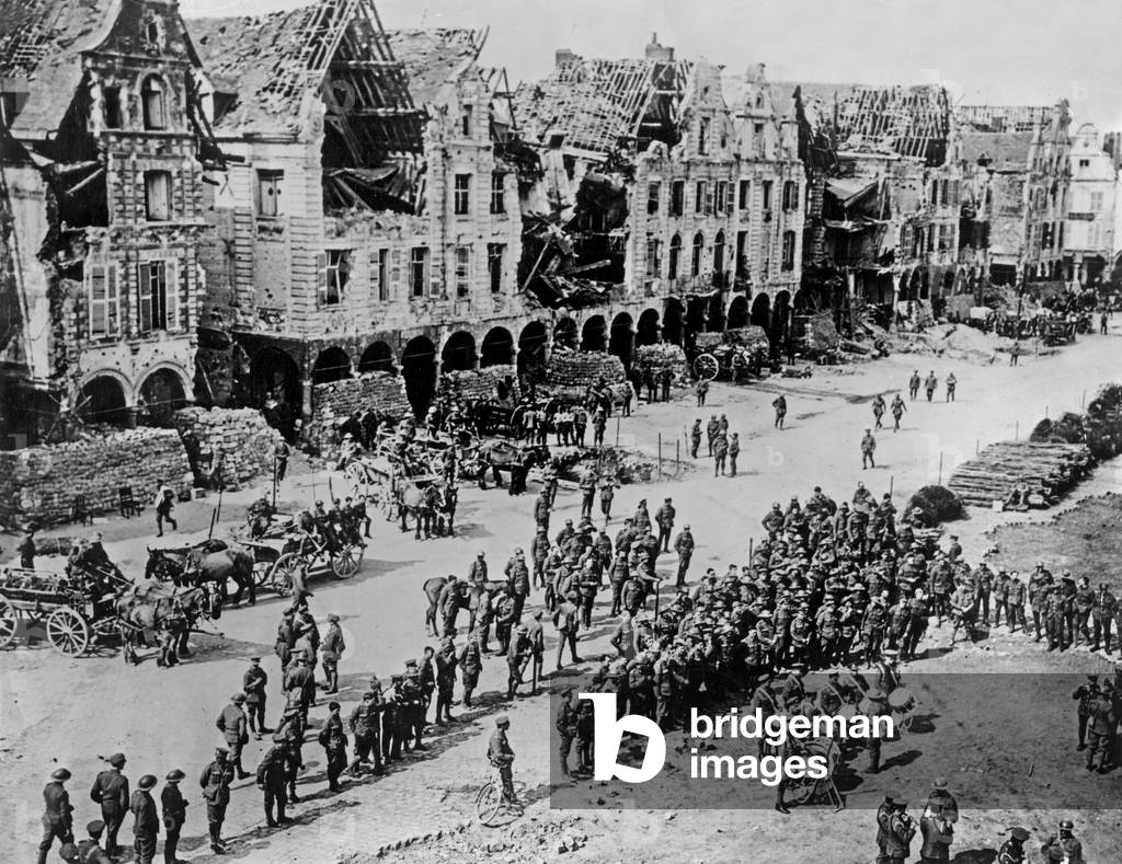 On april 29, 1917 english soldiers hand playing in the Grand Place in Arras, France