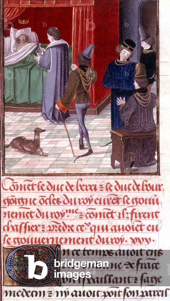 The king Charles VI (1368-1422) and his doctor is an illumination extracting from the manuscript entitled The Chronicles of Froissart, writes by Jean Froissart in the 15th century and preserved in the BNF