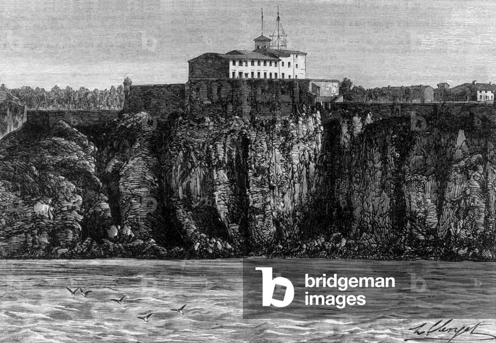 Prison on Ste Marguerite island (Lerins ilsand) France, where French marshal Francois Achille Bazaine was prisoner and from where he escaped, 1874, engraving