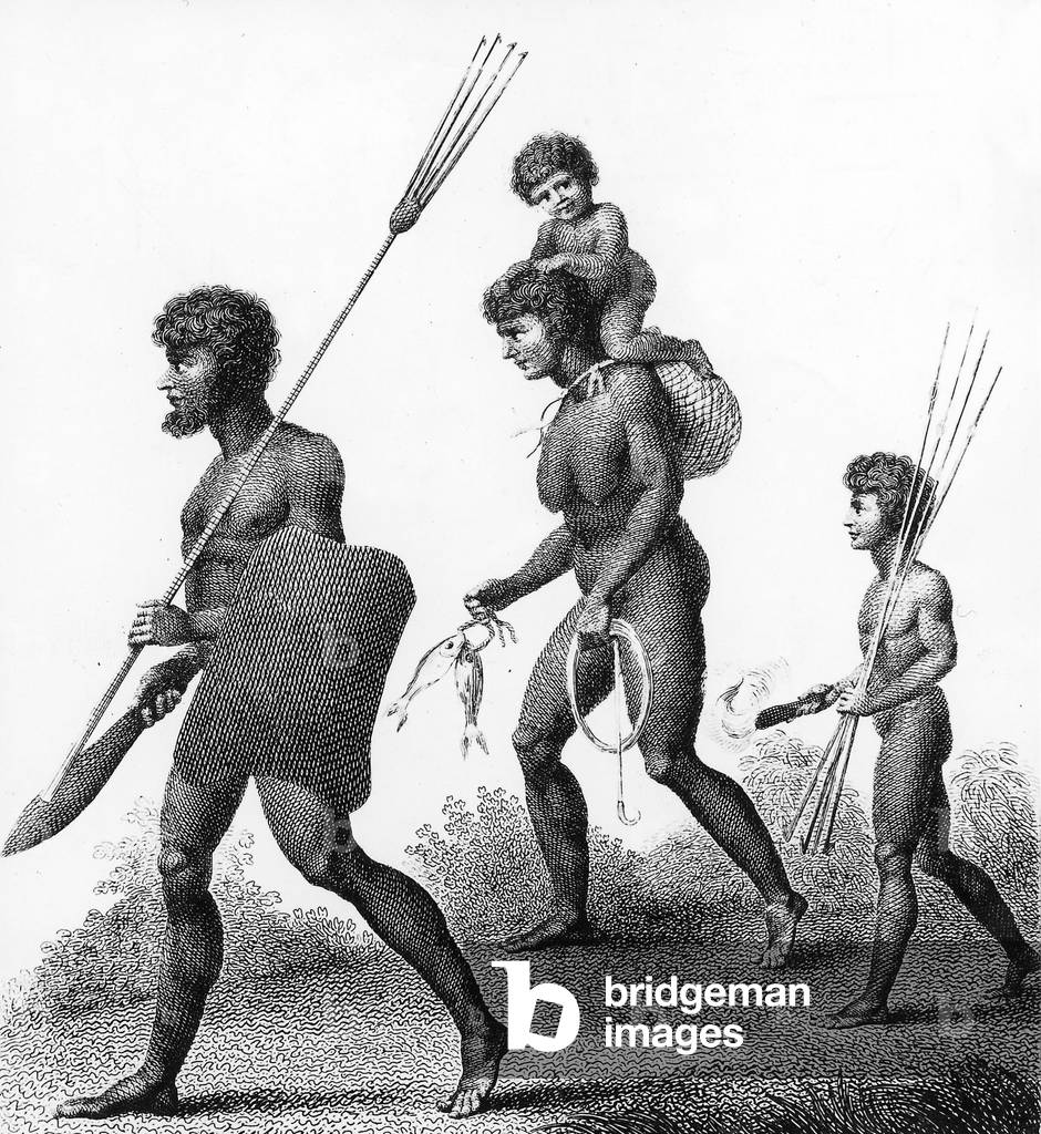 Prehistoric fishing in austral area, engraving, 19th century