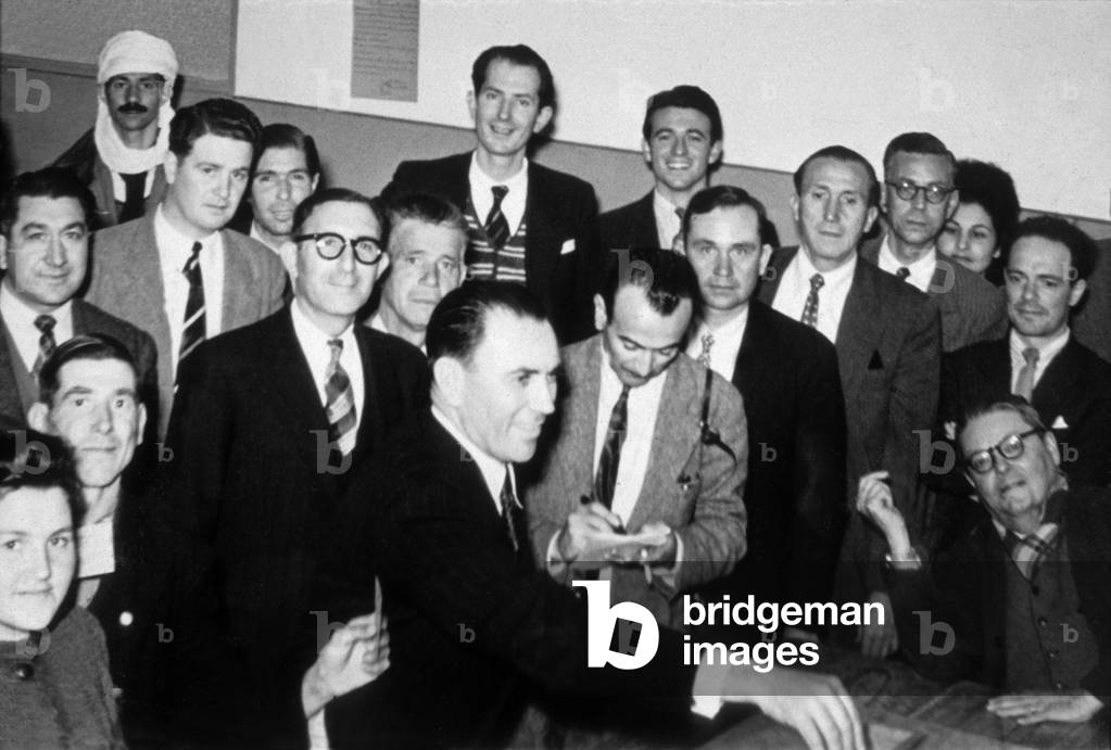 For 1st election at algerian assembly, Fernand Male, mayor of Mascara, voting, 1947