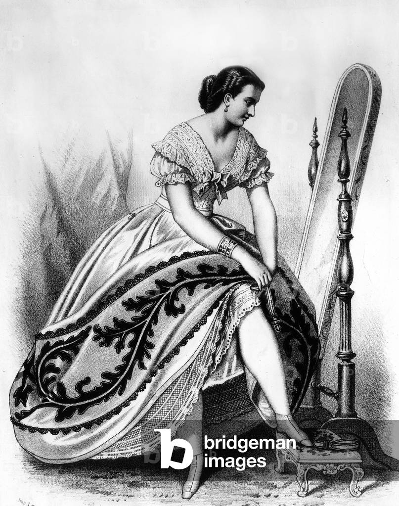 Woman wearing a crinoline dress, putting on garter, 1862, France, engraving