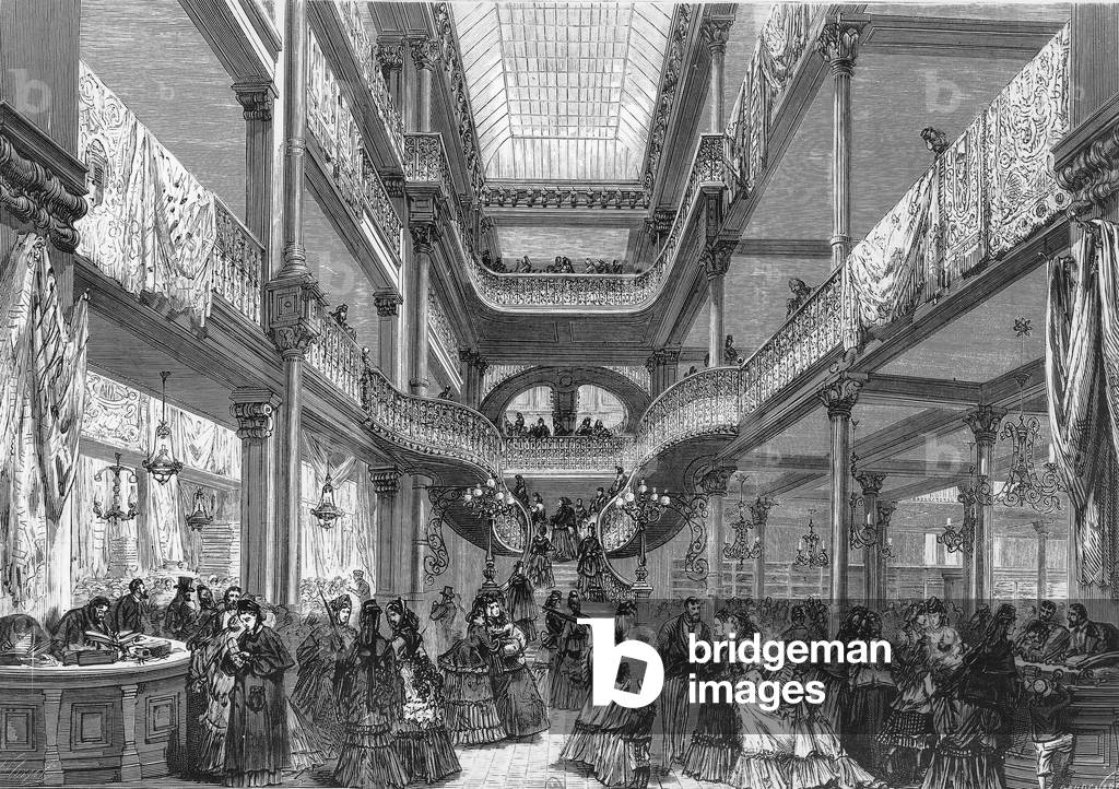 Interior View of famous parisian department store Au Bon Marche, 1875, engraving