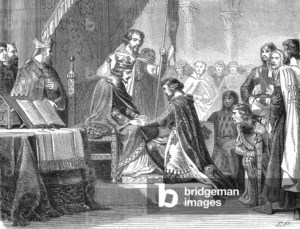 King Edward 1st paying tribute to French king Philip IV on june 5, 1286, engraving