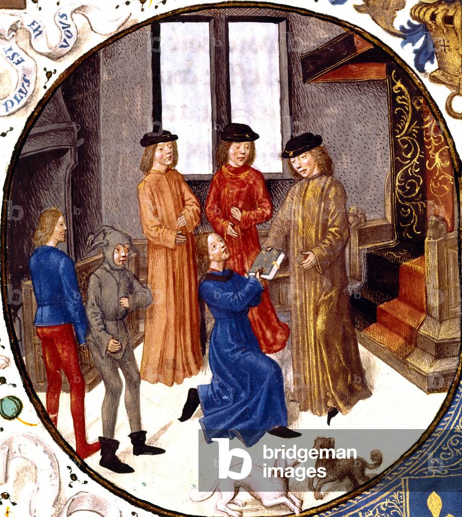 Jean Duquesne gives the book to Charles le Temeraire (1433-1477), last duke of Burgundy is a an illumination extracting from the belgian manuscript entitled Cesar's commentaries, writes by Jean Duquesne, in 1482