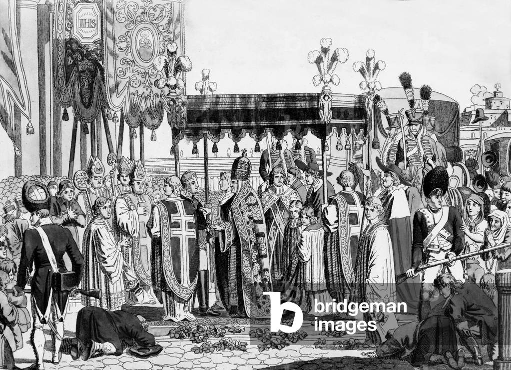 pope Pius VII back in Rome in may 1814, engraving by Friedrich Campe