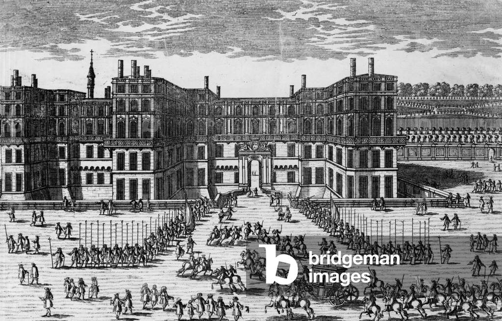 Entrance of Castle of Saint Germain en Laye (France), engraving by Aveline, 17th century
