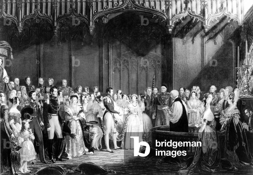 wedding of queen Victoria of England and Albert february 10, 1840 at Saint James palace royal chapel, engraving