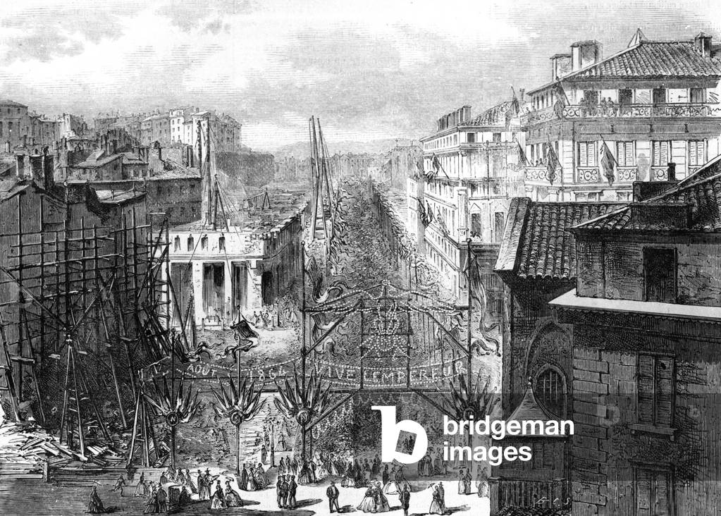 Inauguration of the imperial street in Marseille, France august 15, 1864 under the reign of NapoleonIII, engraving