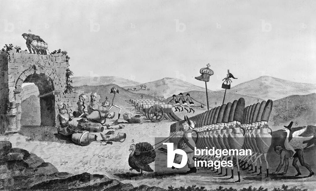 Army of the pitchers led by english king George III, French satirical engraving, 18th century