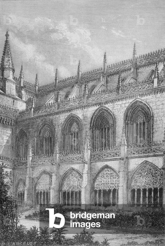 Church of Batalha convent in Portugal : interior of court of royal cloister, engraving after a drawing by Lancelot, 19th century