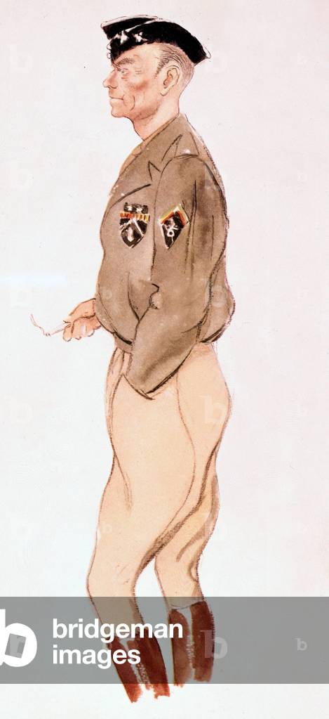 French general Guy Schlesser (1896-1970) commanmajor og 5th armoured division of 1st French army during ww2, watercolor