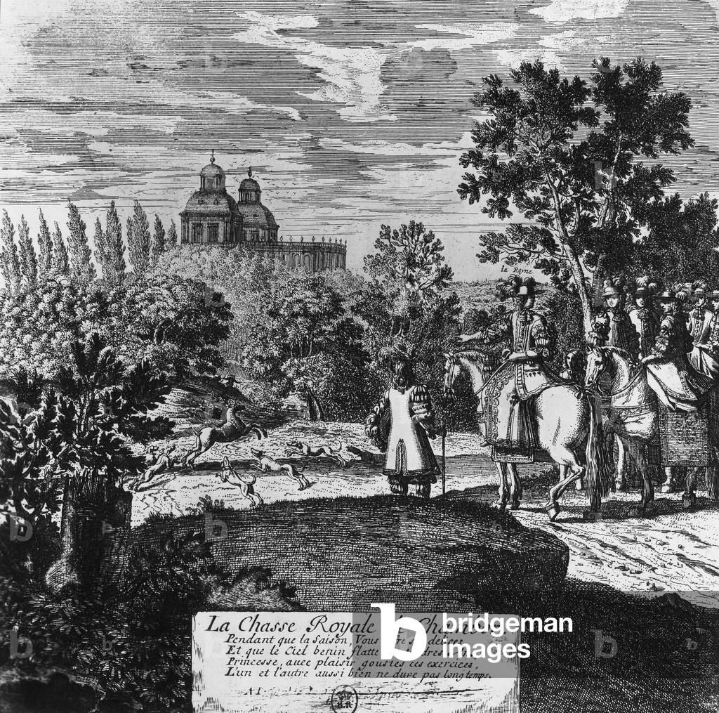 A royal hunt in Chambord forest (France), engraving, 17th century