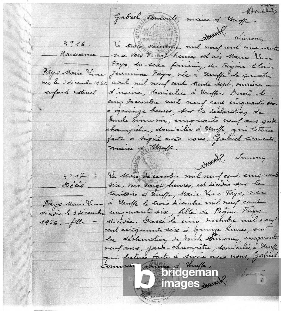 Affair of Uruffe priest in France in 1956 : birth and death certificate of Marie Line Fays made by mayor of Uruffe Gabriel Arnoult. Marie-Line Fays was the daughter of the priest Guy Desnoyers and his mistress Regine Fays. Guy Desnoyers killed and disembowelled Regine (december 3, 1956)