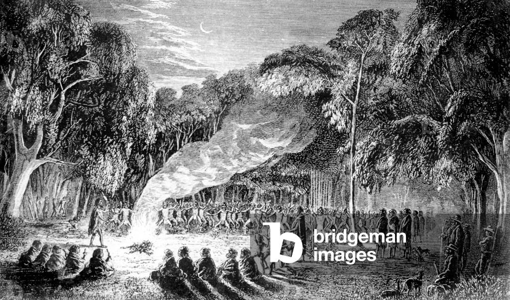 Night ceremony and dance of australian natives from Australia (Aborigines), engraving, 19th century