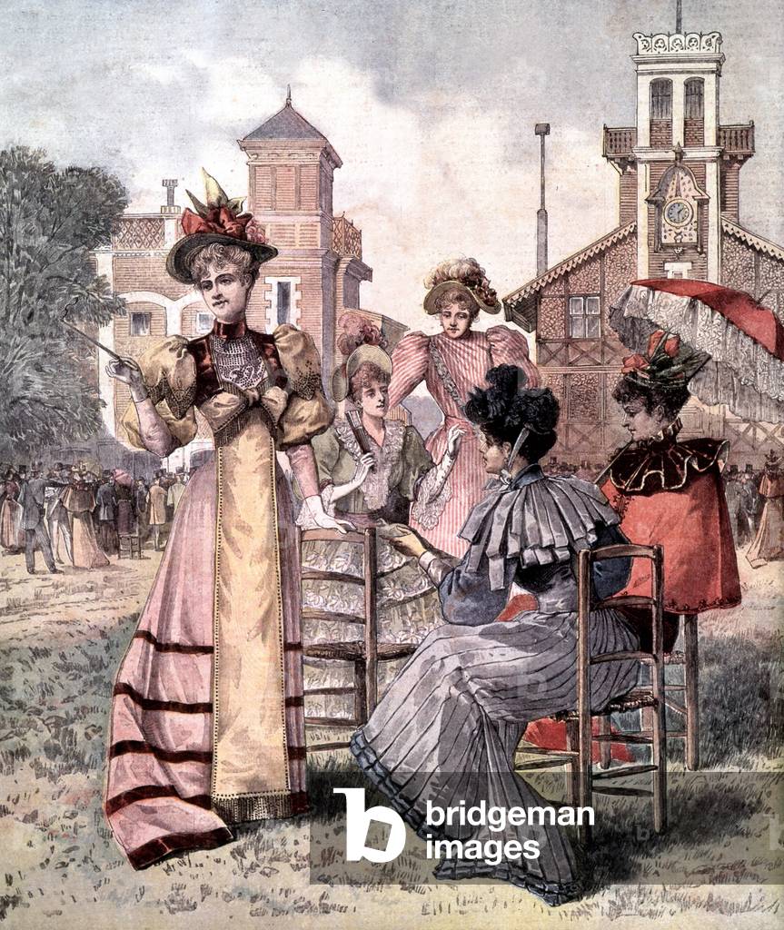 Elegant women at horse race ini Paris, 1893, engraving