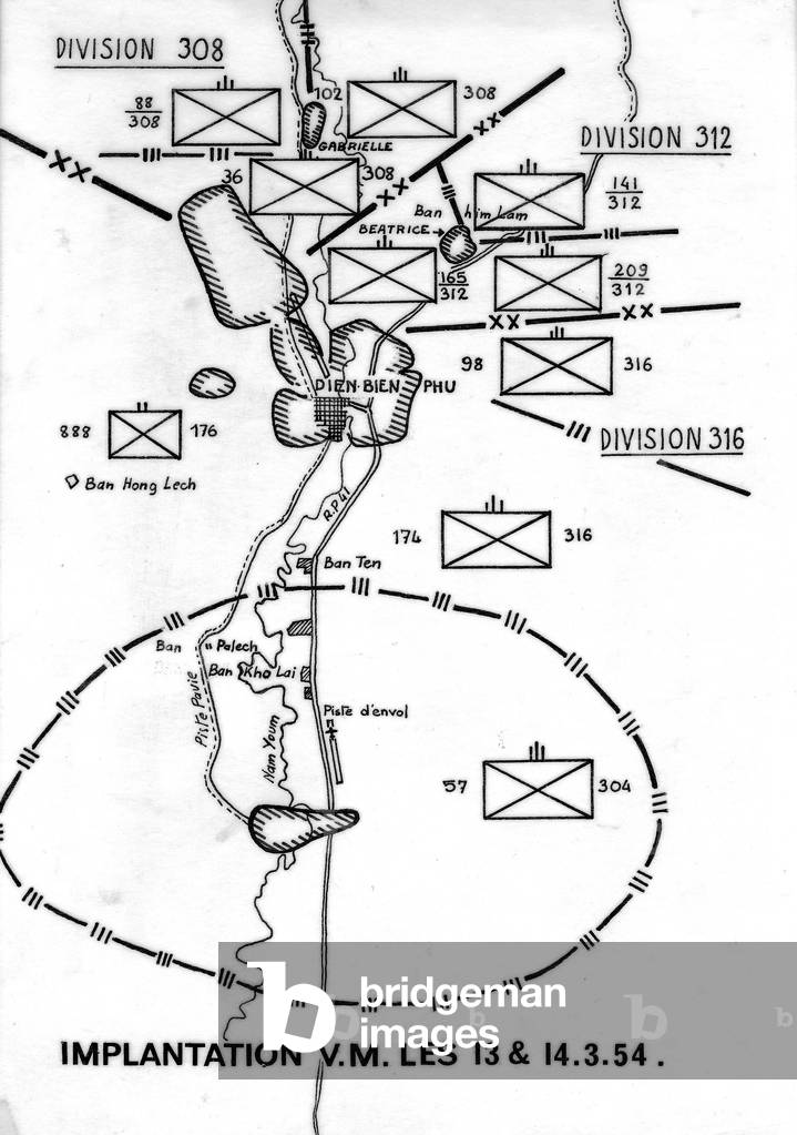 War in Indochina : map indicating the vietminh positions, during the battle of Dien Bien Phu march 13-14 1954
