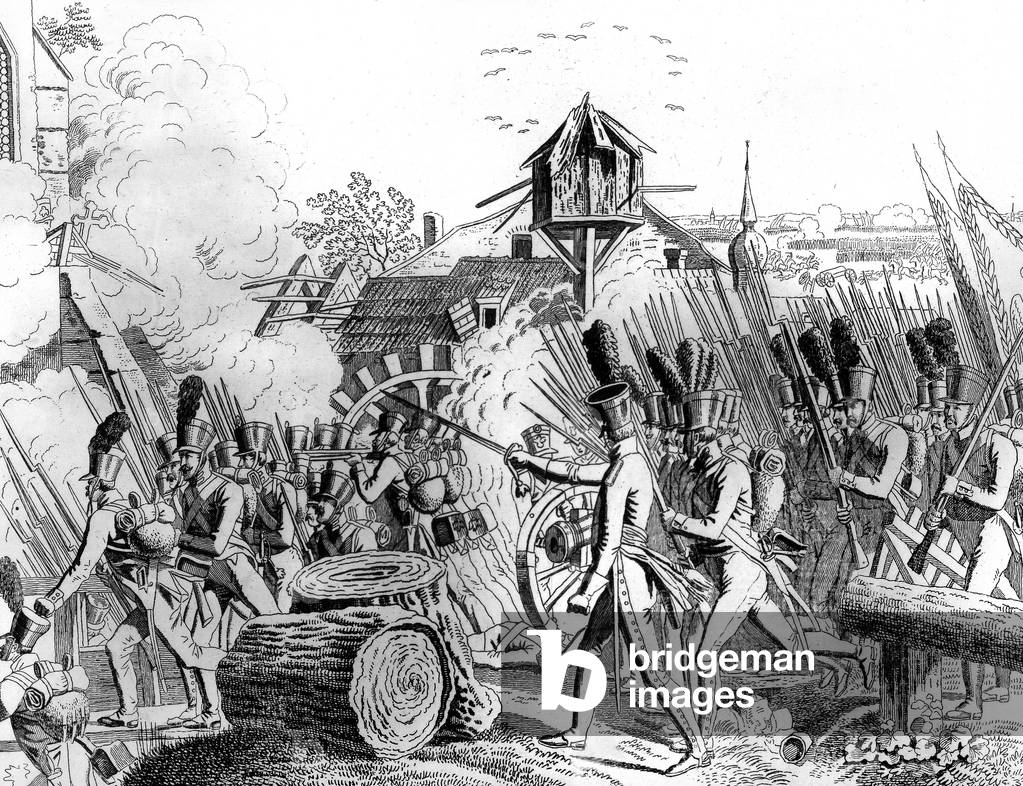 Battle of Grossbeeren (near Berlin) on august 23, 1813 : victory of coalition (Prussia, Sweden, Russia) against napoleonic army, engraving by Friedrich Campe