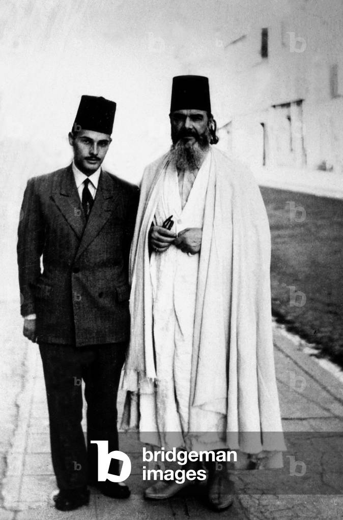 Ahmed Messali Hadj (1898 - 1974) algerian nationalist who struggled for independence of Algeria during the war, here with his son c. 1950