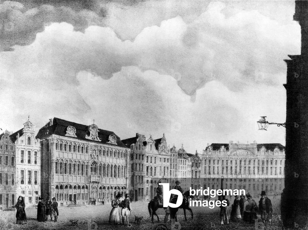 Grand Place and the King's House Maison du Roi (12th century), Brussels. Belgium. Engraving.