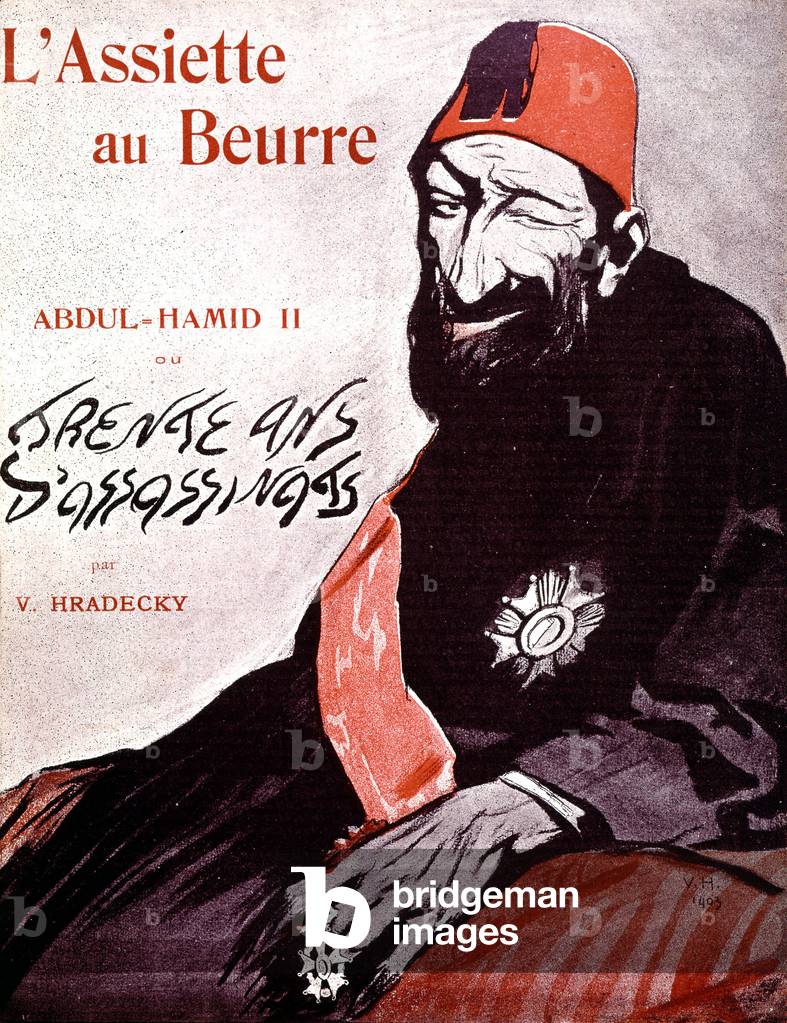 Abdul Hamid II turkish sultan on frontpage of French newspaper around 1897 at the time of the greek-turkish conflict in Crete