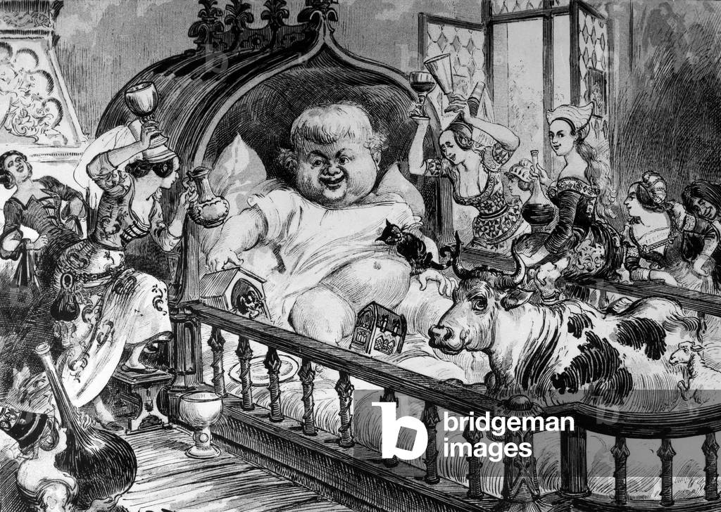Gargantua, giant baby, in his cradle, illustration by Albert Robida for 