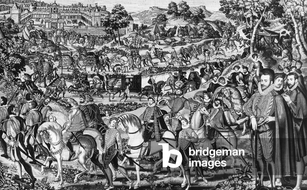 Hunt at the Chateau d'Antet at the court of henri III, French king from 1574 to 1589, drawing by Francesco Quasnel, collection Gallerie des offices Florence