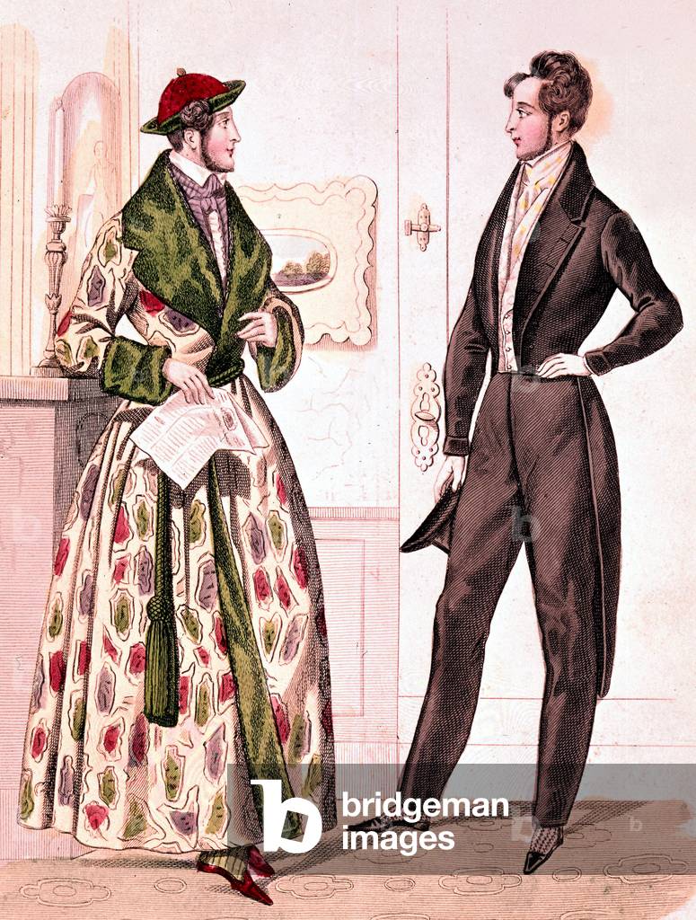 Men fashion in 1835 : on l : silk dressing gown and on r : trousers with frock coat, engraving