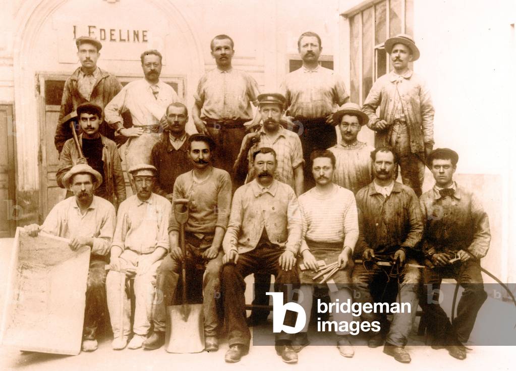 workers of a mechanical workshop with their tools, c. 1900, France