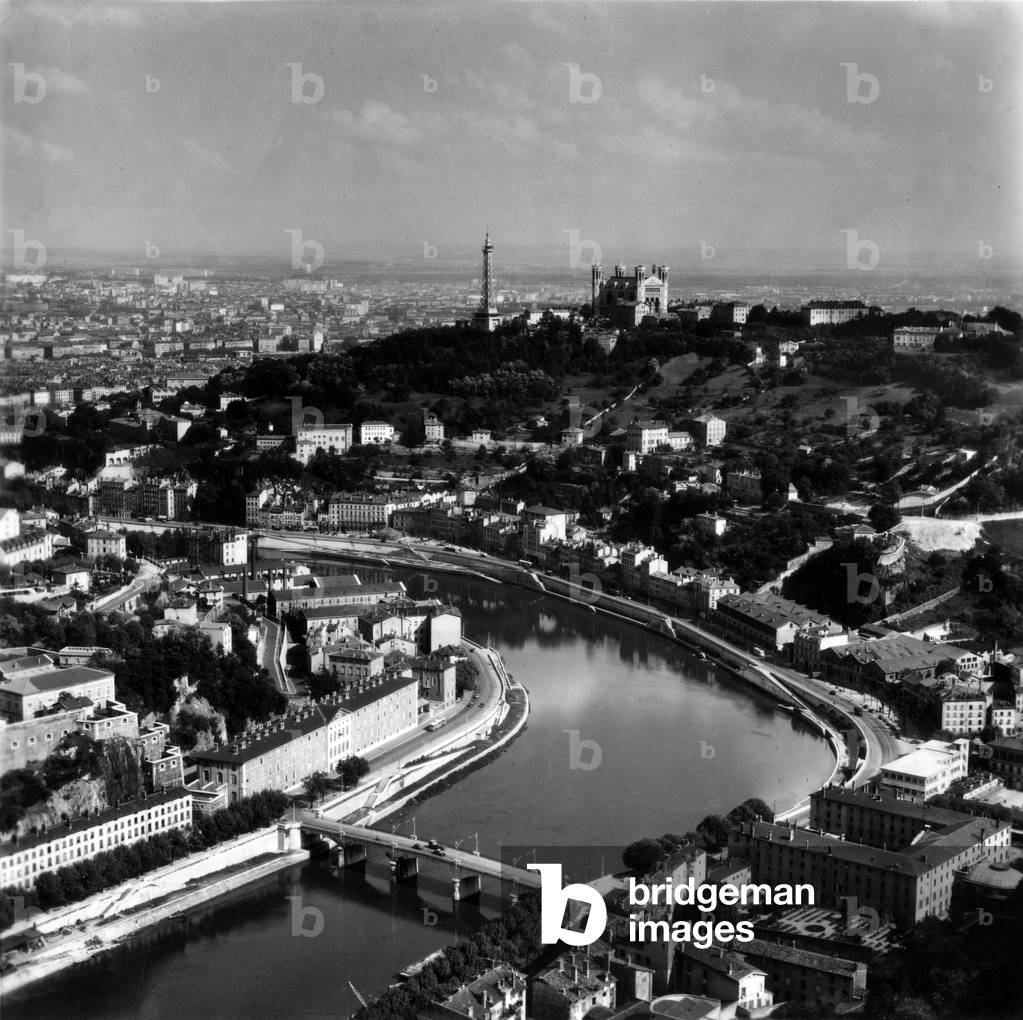 View of Lyon, France, 1972 : the Saone river and background : Fourviere hill with basilica